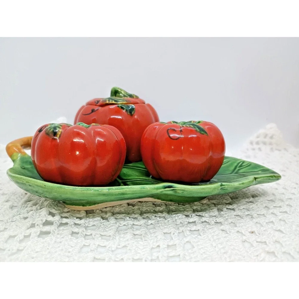 Occupied Japan Tomatoes Salt & Pepper and Condiment Container Leaf Tray Vintage